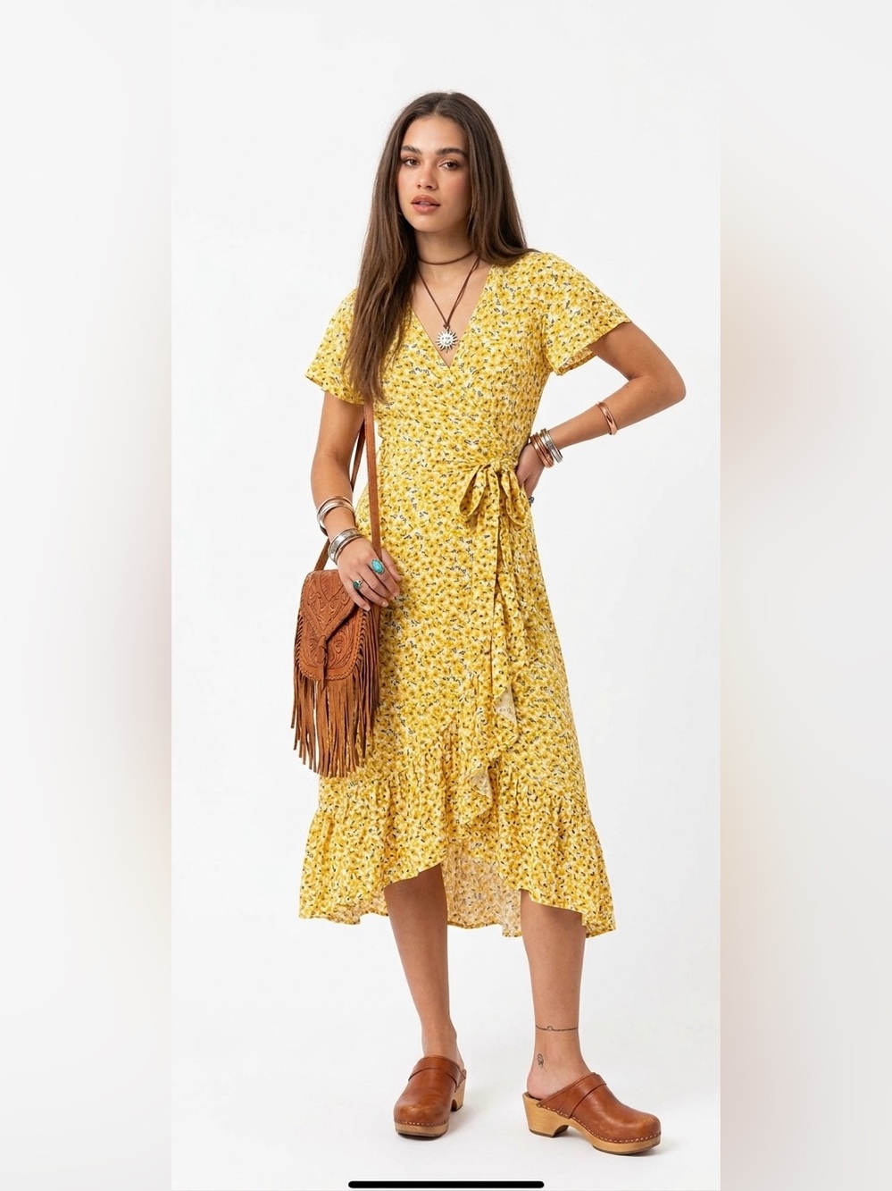 Cotton Yellow Floral Wrap Midi Dress | Flutter Sleeve Ruffle Hem